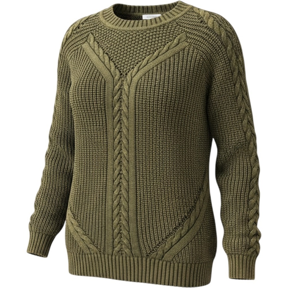 Umgee USA Olive Green Cable Knit Cotton Sweater C0516 Crew Neck Size M